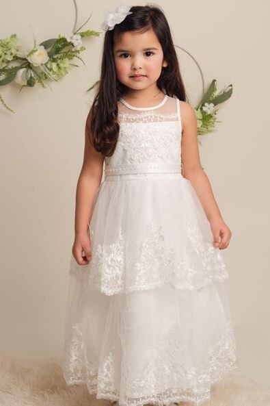 Girls Ivory Layered Lace Dress - FLORANCE - Ivory