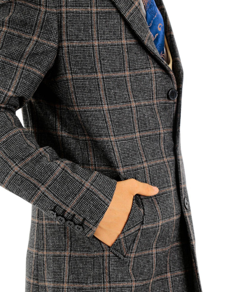 Boys Wool Tweed Check Midi Coat - FAUNUS - Dark Grey