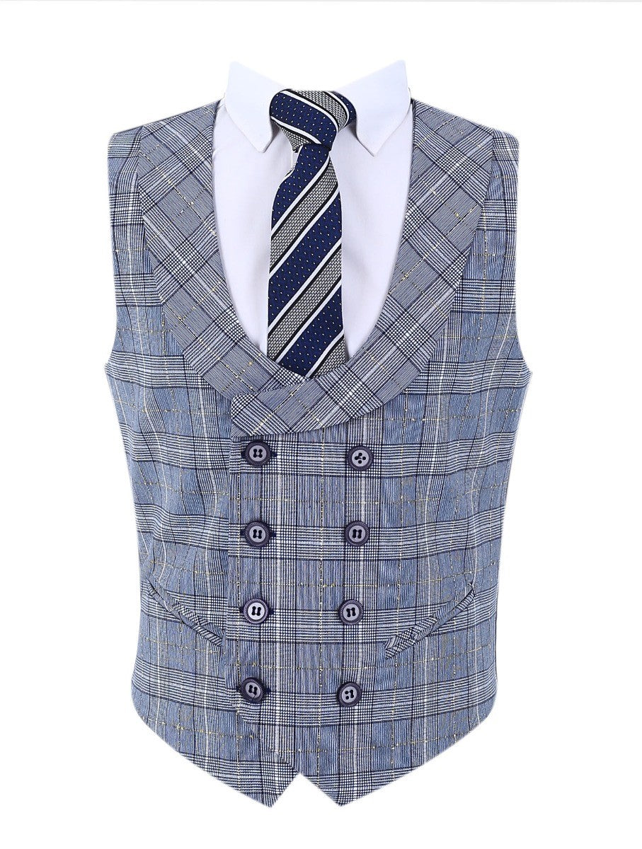 Boys Retro Check Slim Fit Suit - Grey - Navy Blue