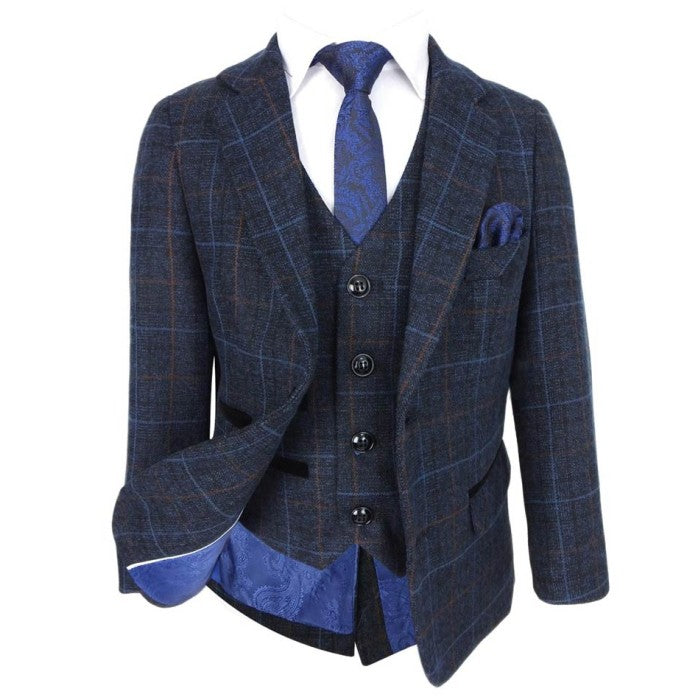 Boys Windowpane Tailored Fit Suit- HARVEY - Navy Blue