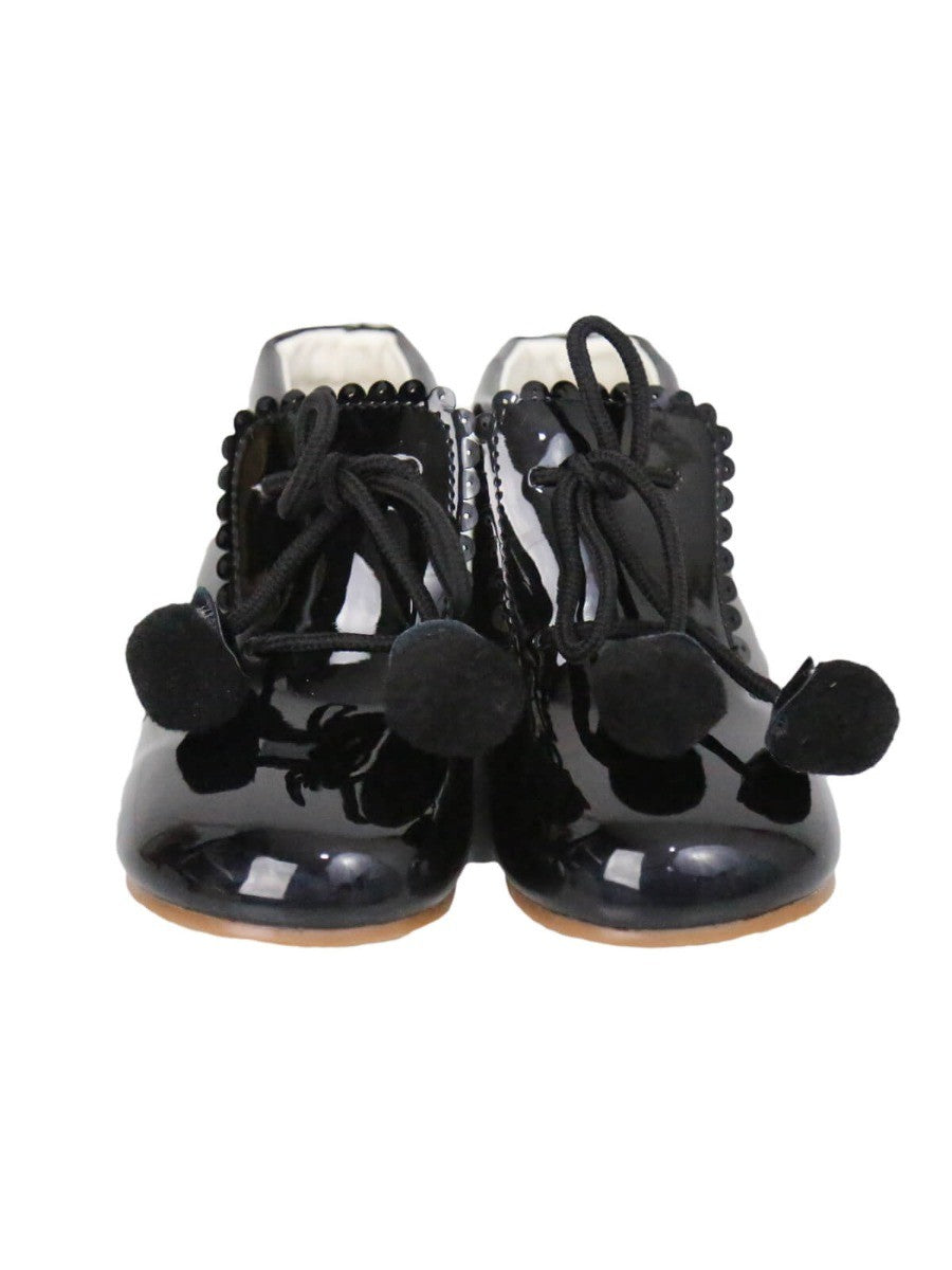 Baby Girls Pom Pom Patent Booties - Black