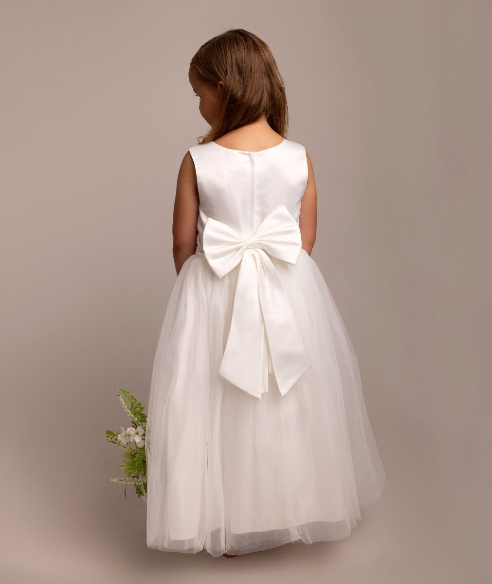 Girls Floral Embroidered Dress with Tulle Skirt - NYRA - Ivory