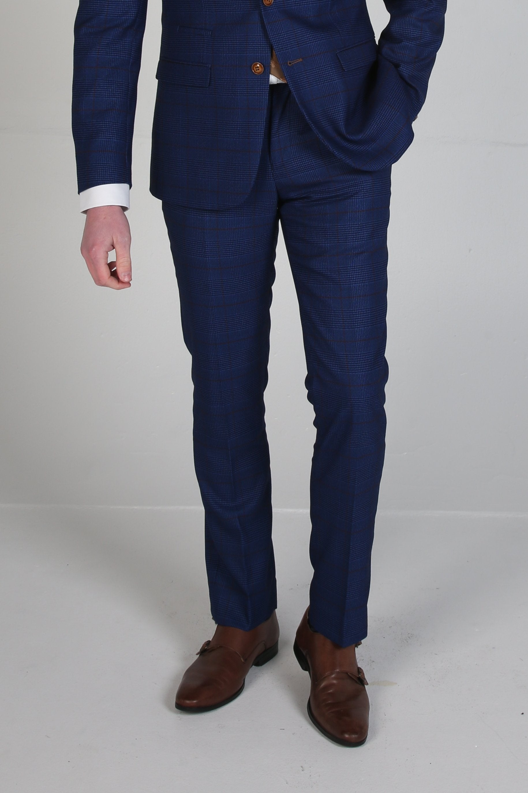 Men's Tweed Windowpane Navy Formal Trousers - ALEX - Royal Blue