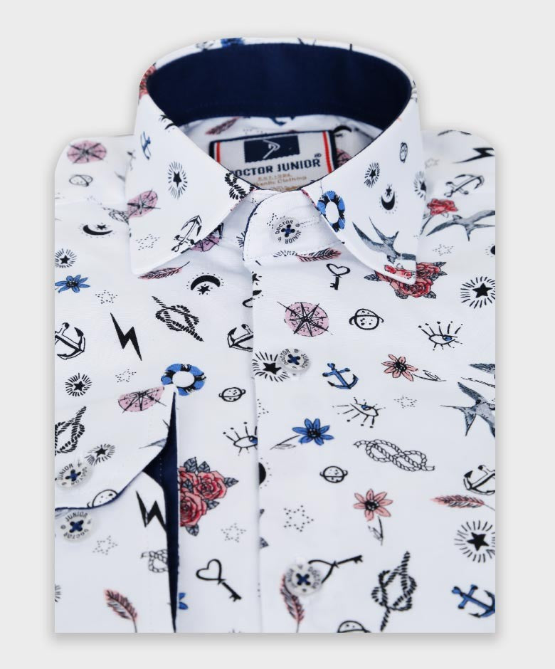 Boys Nautical Printed Fashion Shirt - White- Blue