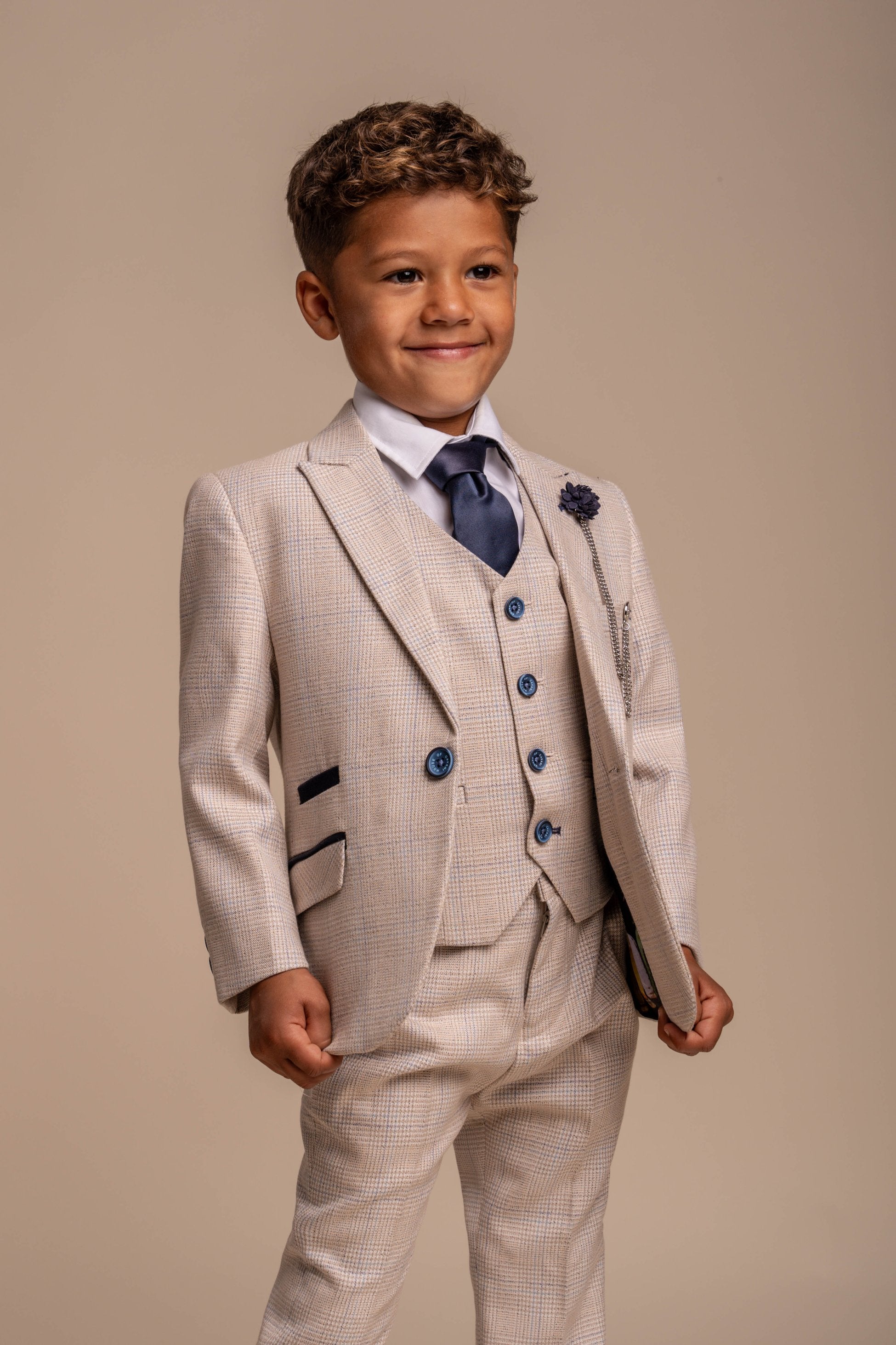 Boys Tweed Houndstooth Check Slim Fit Suit - CARIDI - Beige