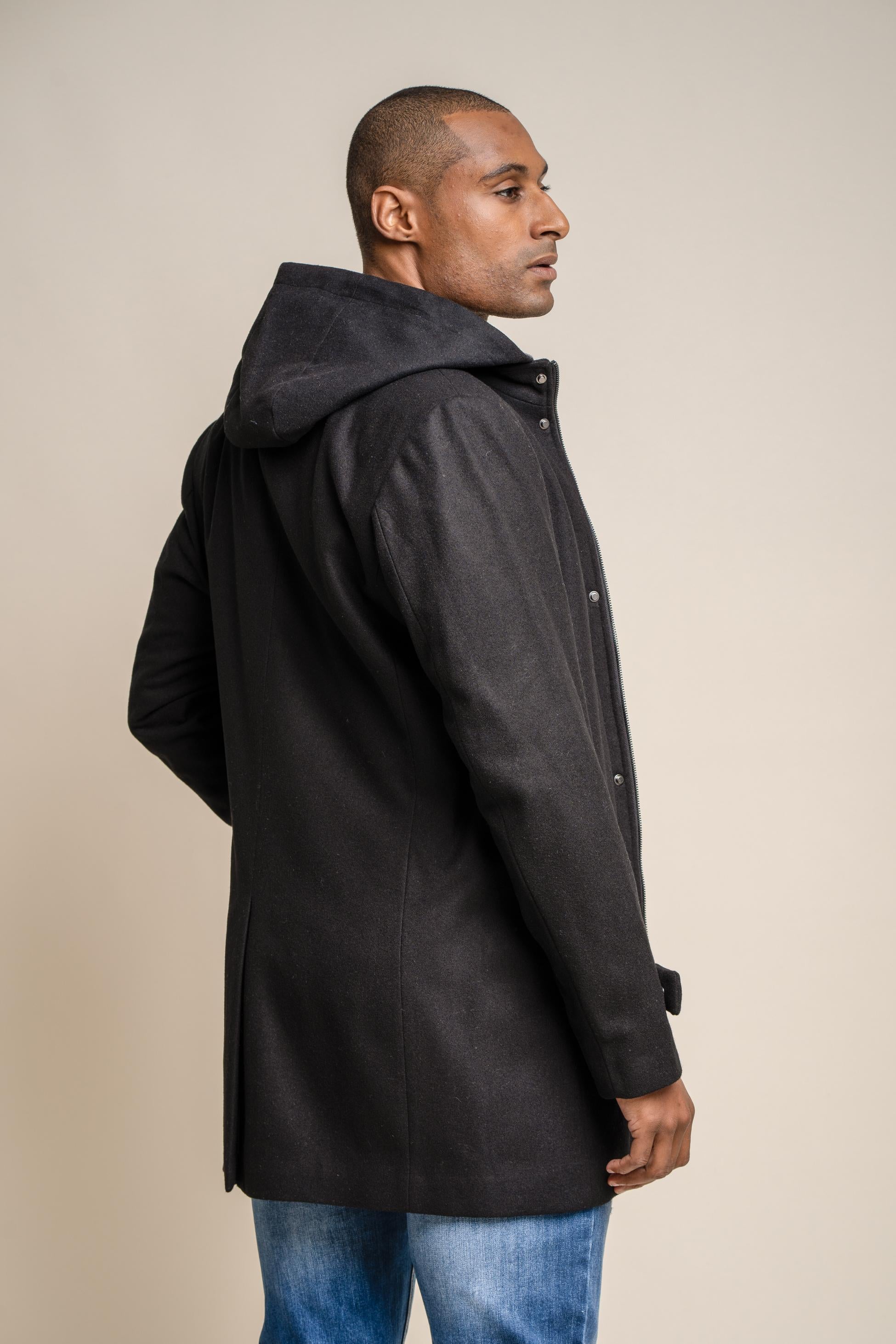 Men's Wool Blend Hooded Coat - MICHIGAN - Black