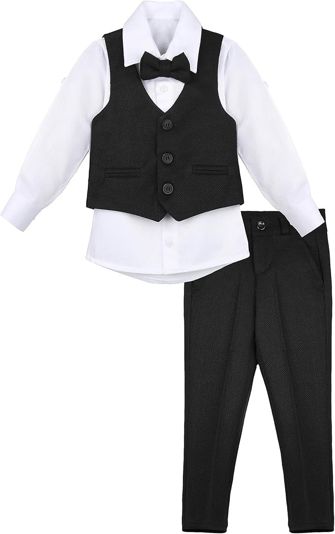 Boys' Slim Fit Textured Waistcoat Suit Set, Formal Outfit - Black