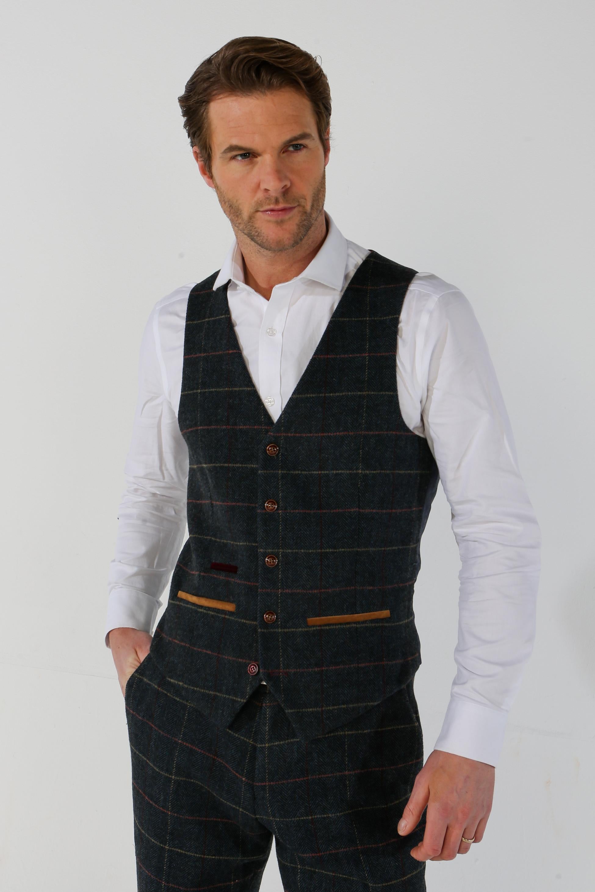 Men's Tweed Check Plaid Navy Waistcoat - THOMAS - Navy Blue