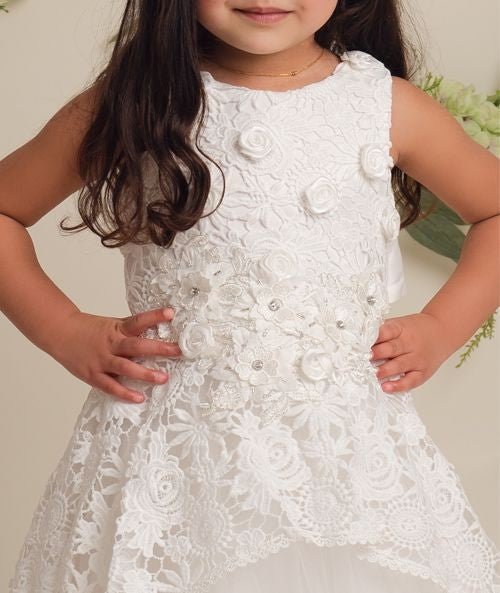 Girls Ivory Flower Lace Overlay Tulle Dress - RUBY - Ivory