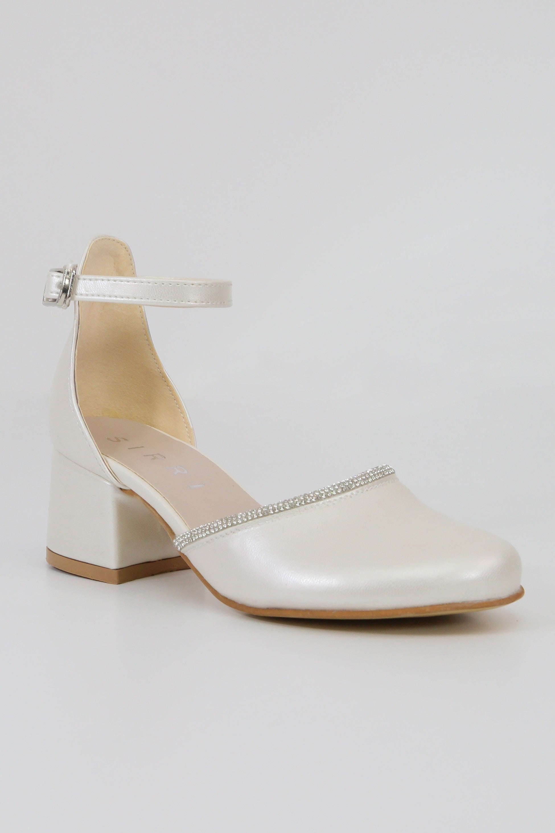 Girls' Ivory Block Heel Shoes With Rhinestone Trim – CHARM - Ivory