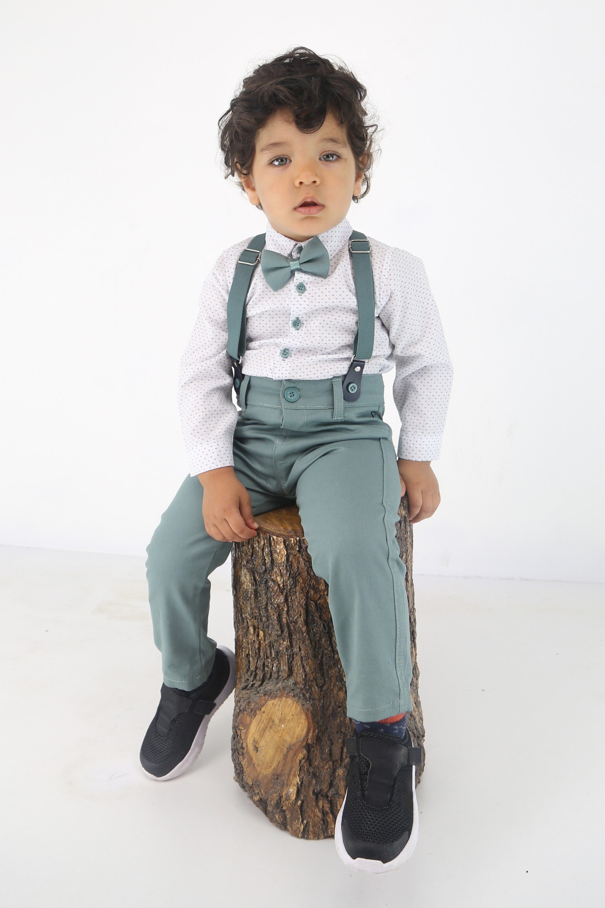 Baby Boys Gentleman Outfit - 4 PC Suspenders Pant Suit Set - BIRD - Green