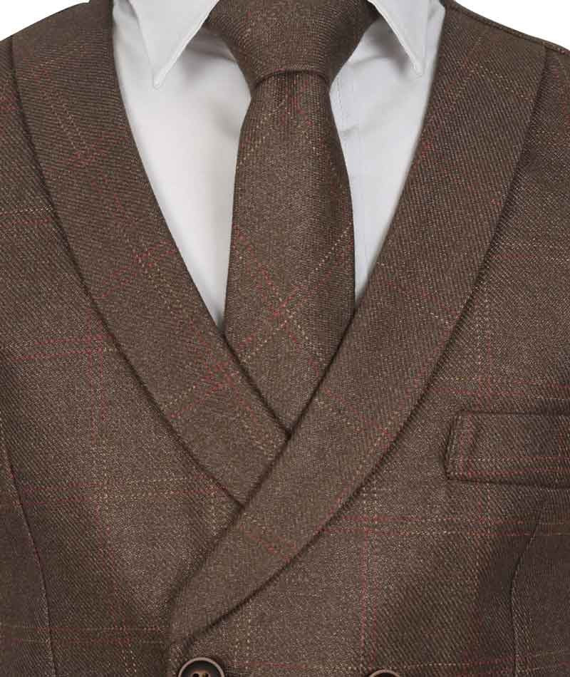 Men's and Boys Tweed Check Waistcoat Set - Maroon- Brown