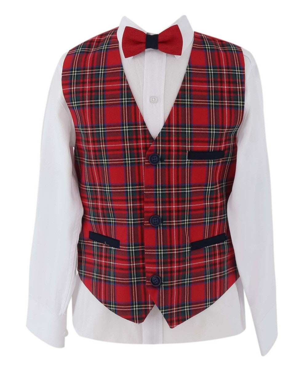 Boys Slim Fit Suit With Tartar check Waistcoat Set - Red