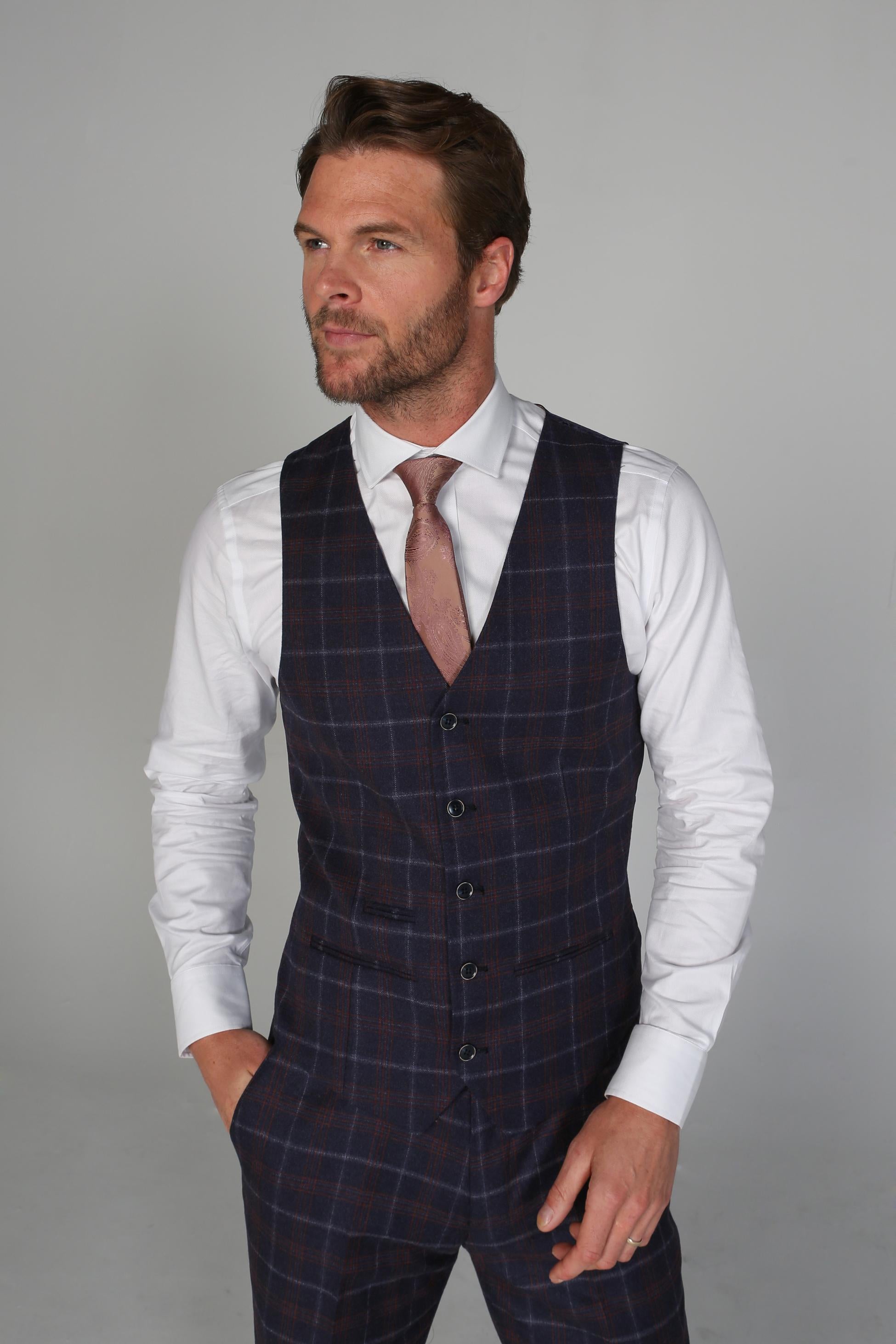 Men's Tailored Fit Retro Check Suit - KENNETH - Navy Blue - Maroon