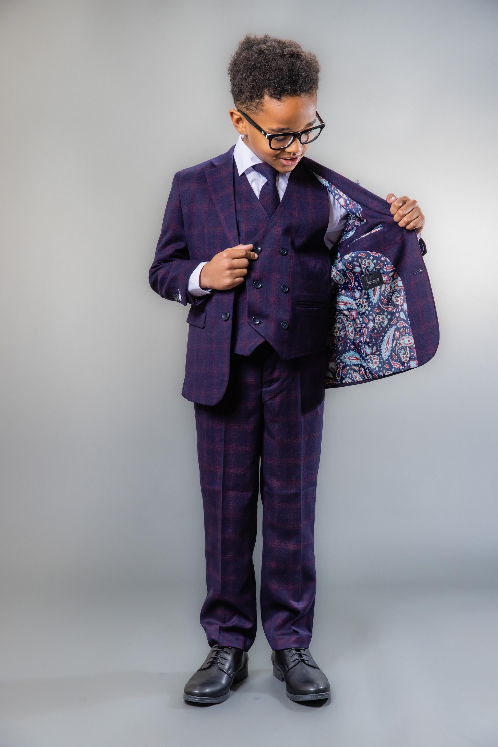 Boys Retro Check Tailored Fit Navy Suit - Navy Blue and Burgundy