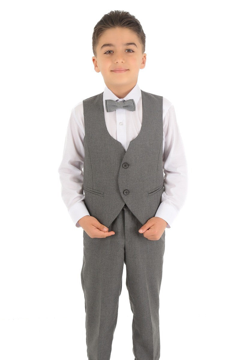 Boys Slim Fit Herringbone 8 Piece Suit Set - KING - Grey