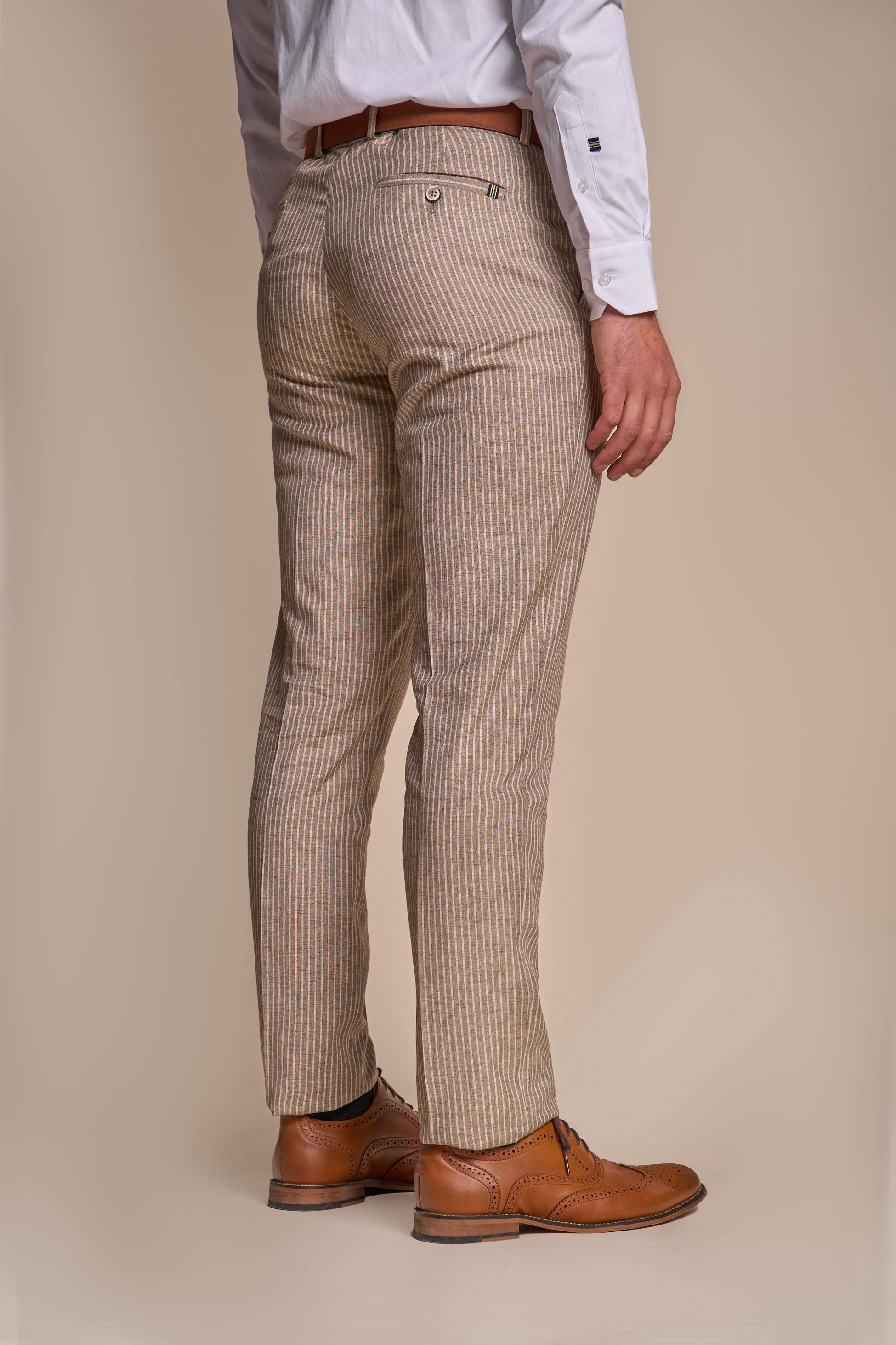 Men’s Slim Fit Pinstripe Beige Trousers – KRAKEN Sand - Sand Beige