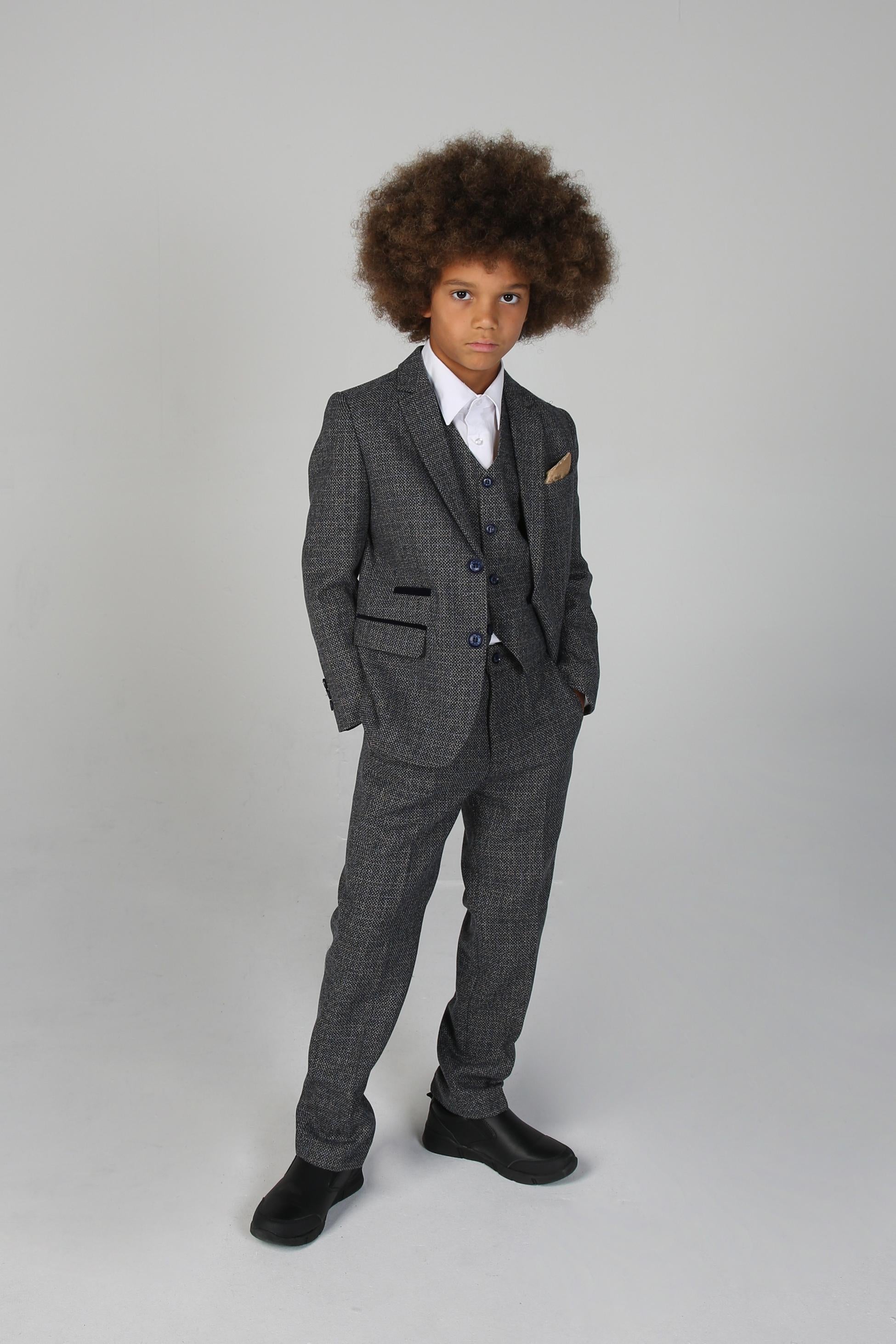 Boys Tweed Tailored Fit Formal Suit - Ralph - Grey - Navy Blue