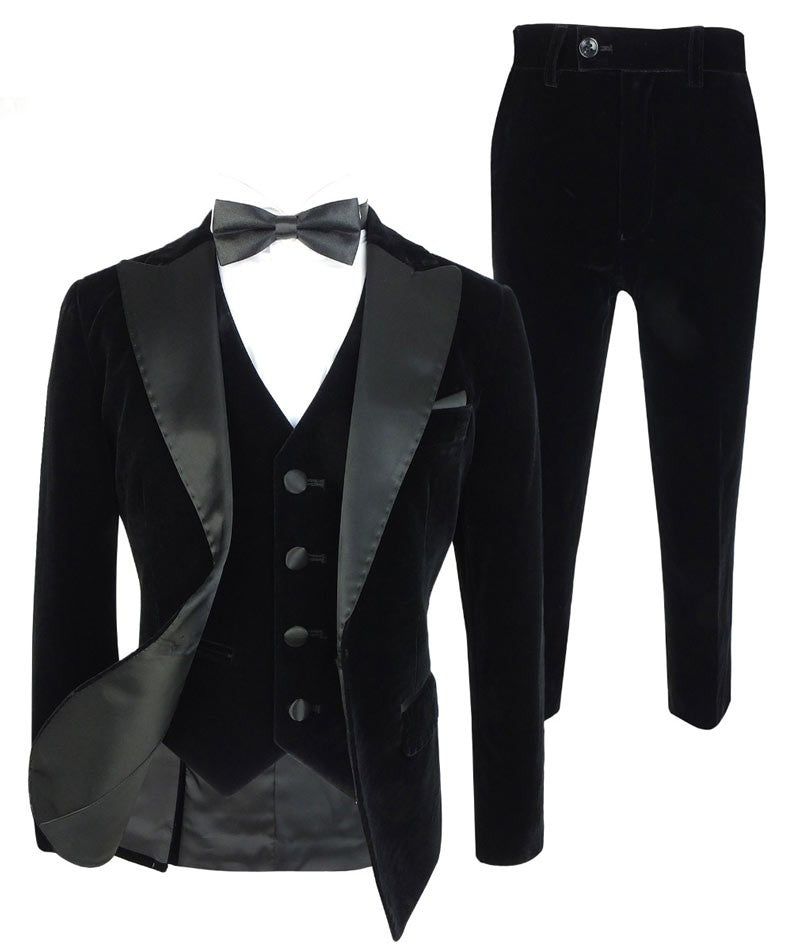 Boys Sheen Lapel Black Velvet Tuxedo Suit - Black