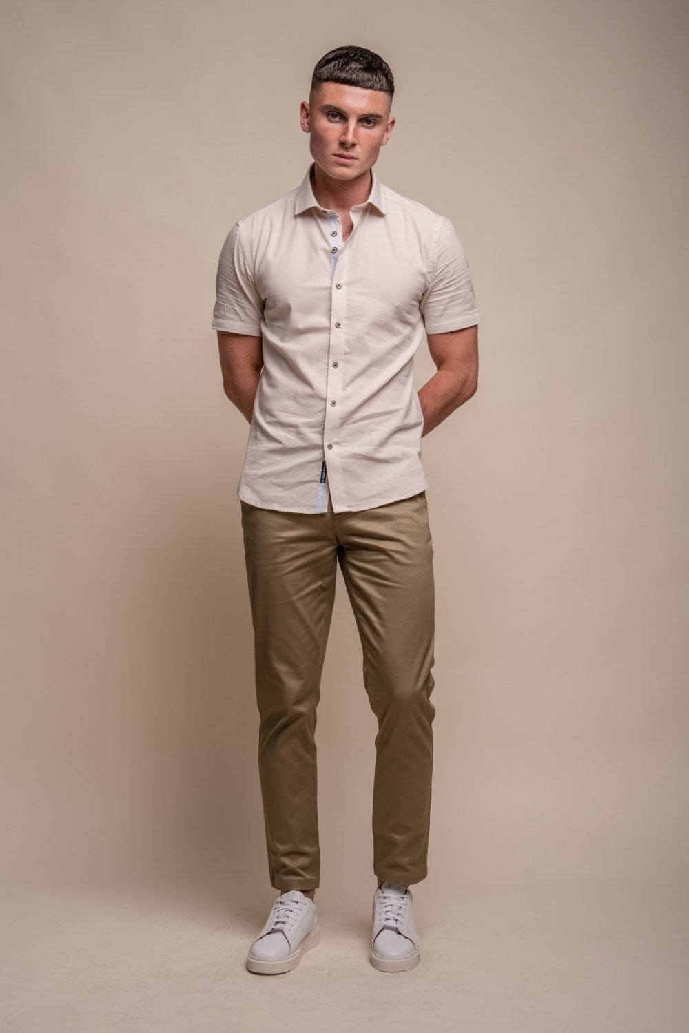 Men's Slim Fit Linen Blend Short Sleeve Shirt - FUEGO - Beige