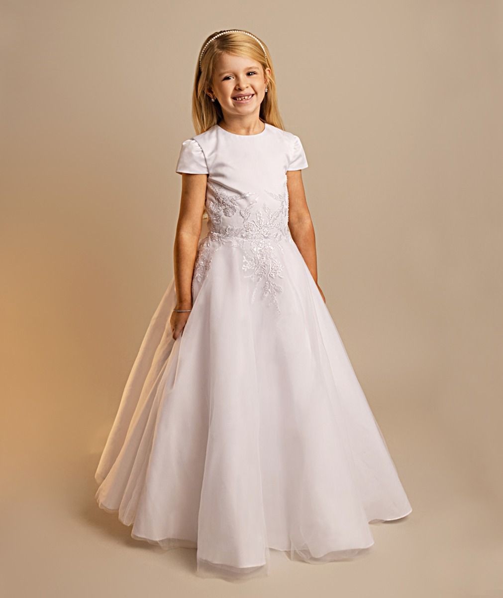 Girls’ White Floral Embroidered Communion Dress - Elodie - White