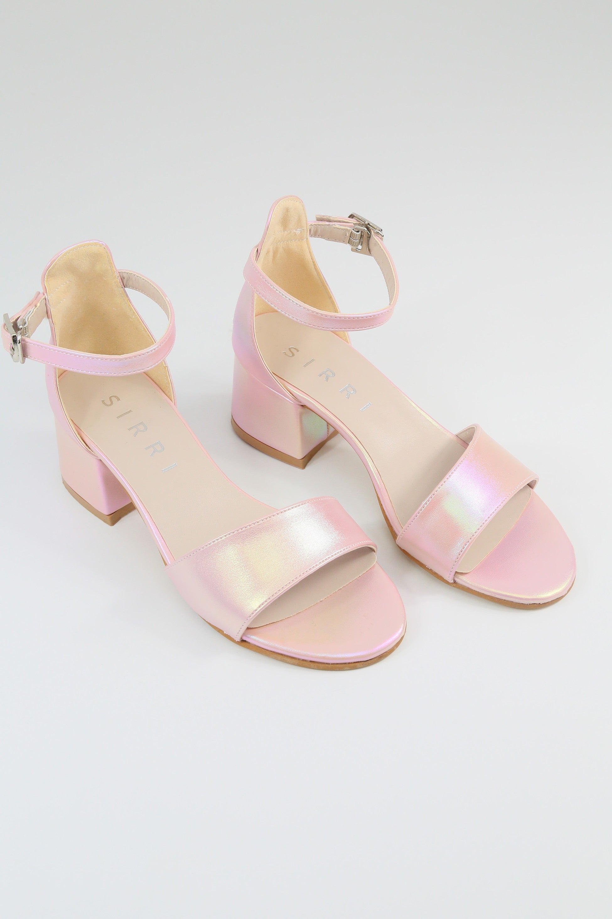 Girls Ankle-Strap Iridescent Block Heels Sandals - GRACE - Pink