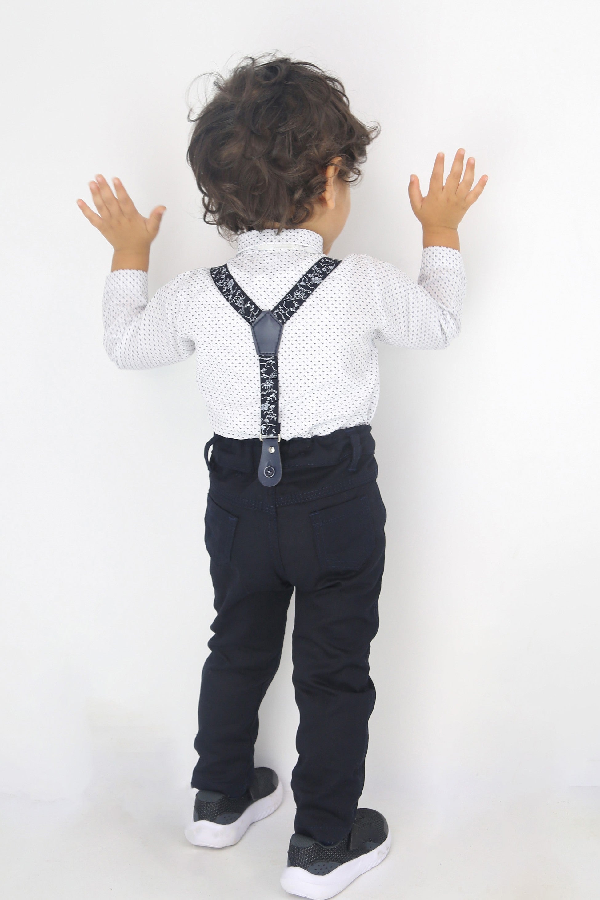 Baby Boys Gentleman Outfit - 4 PC Suspenders Pant Suit Set - BIRD - Navy