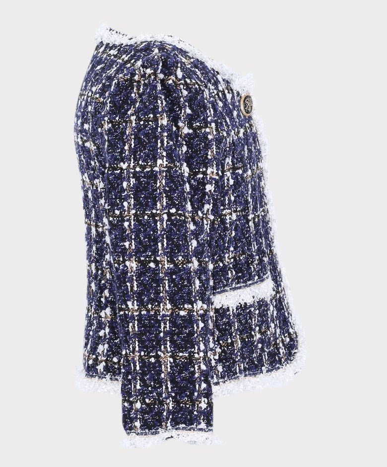 Girls Tweed Check 3 Piece Navy Outfit Set - Navy Blue