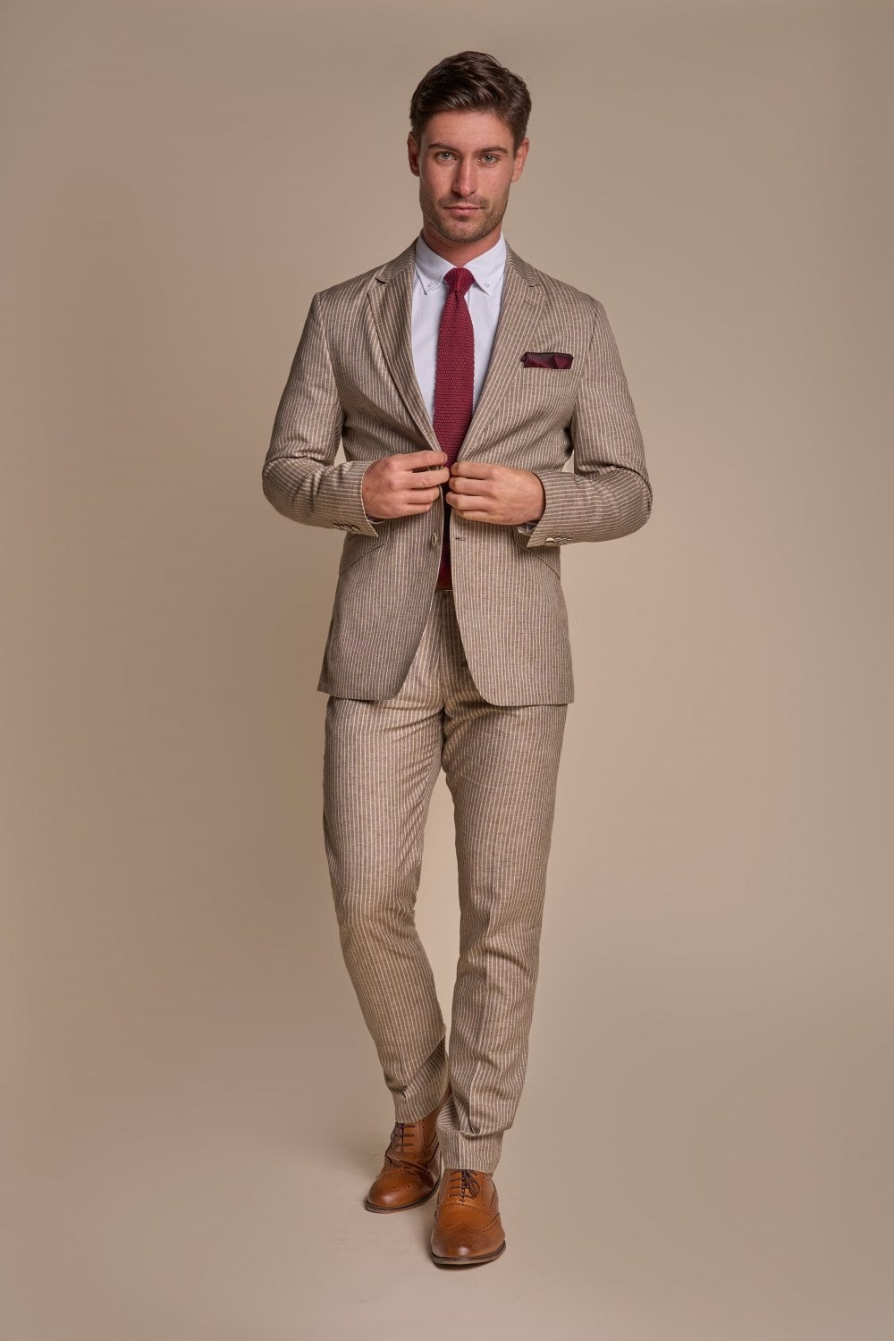 Men’s Slim Fit Pinstripe Beige Suit – KRAKEN Sand - Sand Beige