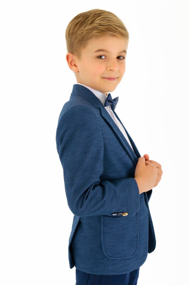 Boys Cotton Blend Slim Fit Formal Twill Blazer - Navy Blue