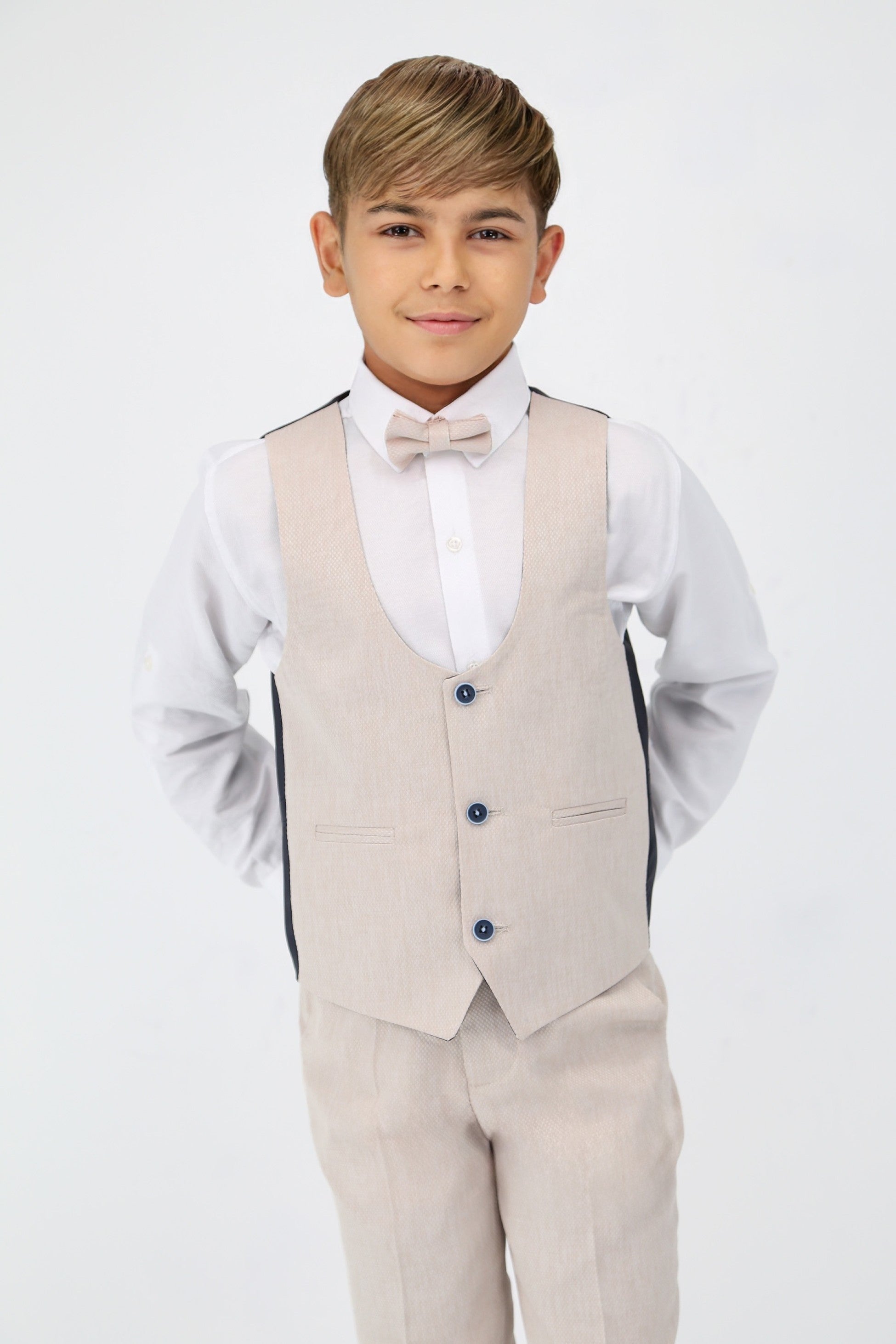 Boys' Slim Fit Self-Patterned 5 PC Suit Set - Beige