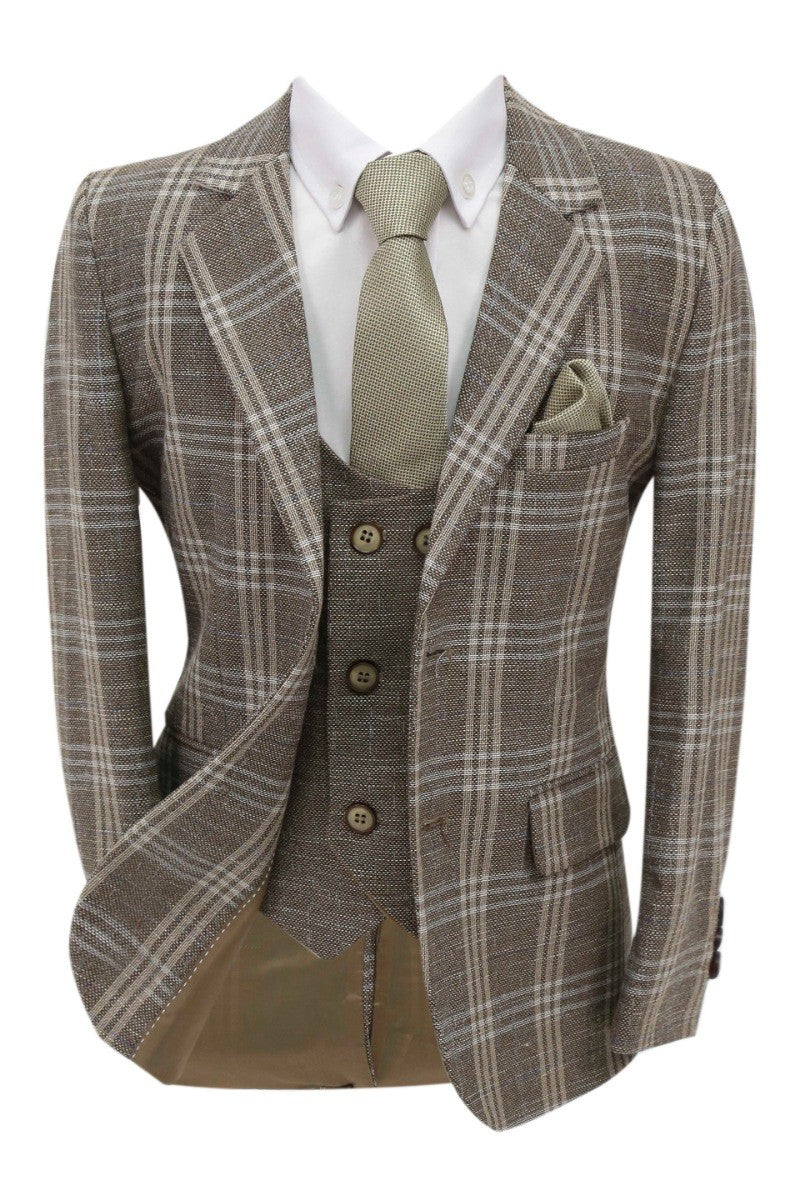 Boys 7 Pieces Check Plaid Suit Set - Beige