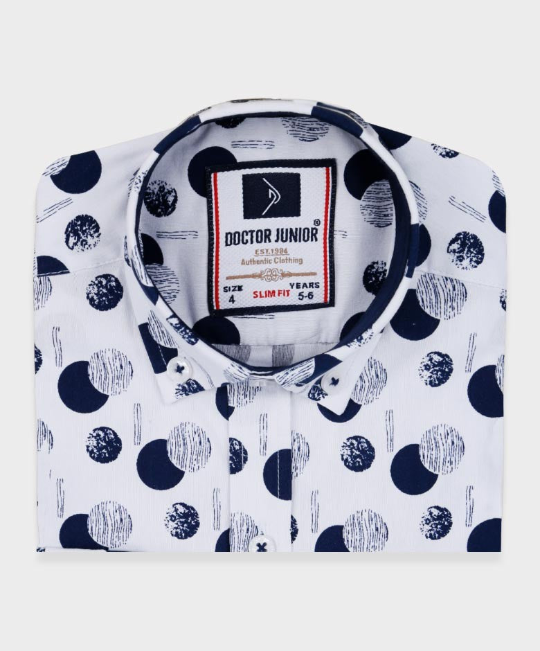 Boys Slim Fit Patterned Printed Casual Shirt - Navy Blue- White