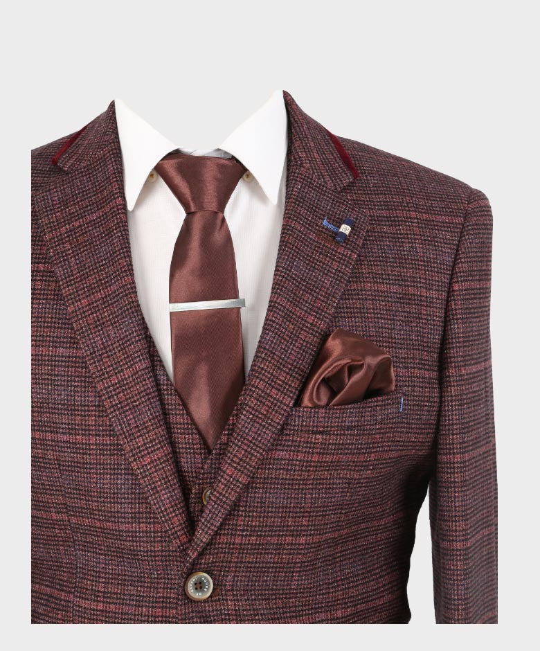 Men's Slim Fit Retro Tweed Blazer - CARLY - Wine