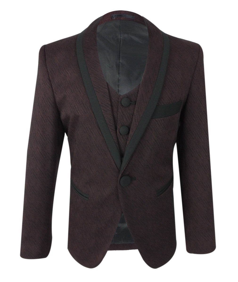 Boys Piping Textured Suit - MATTEO - Burgundy