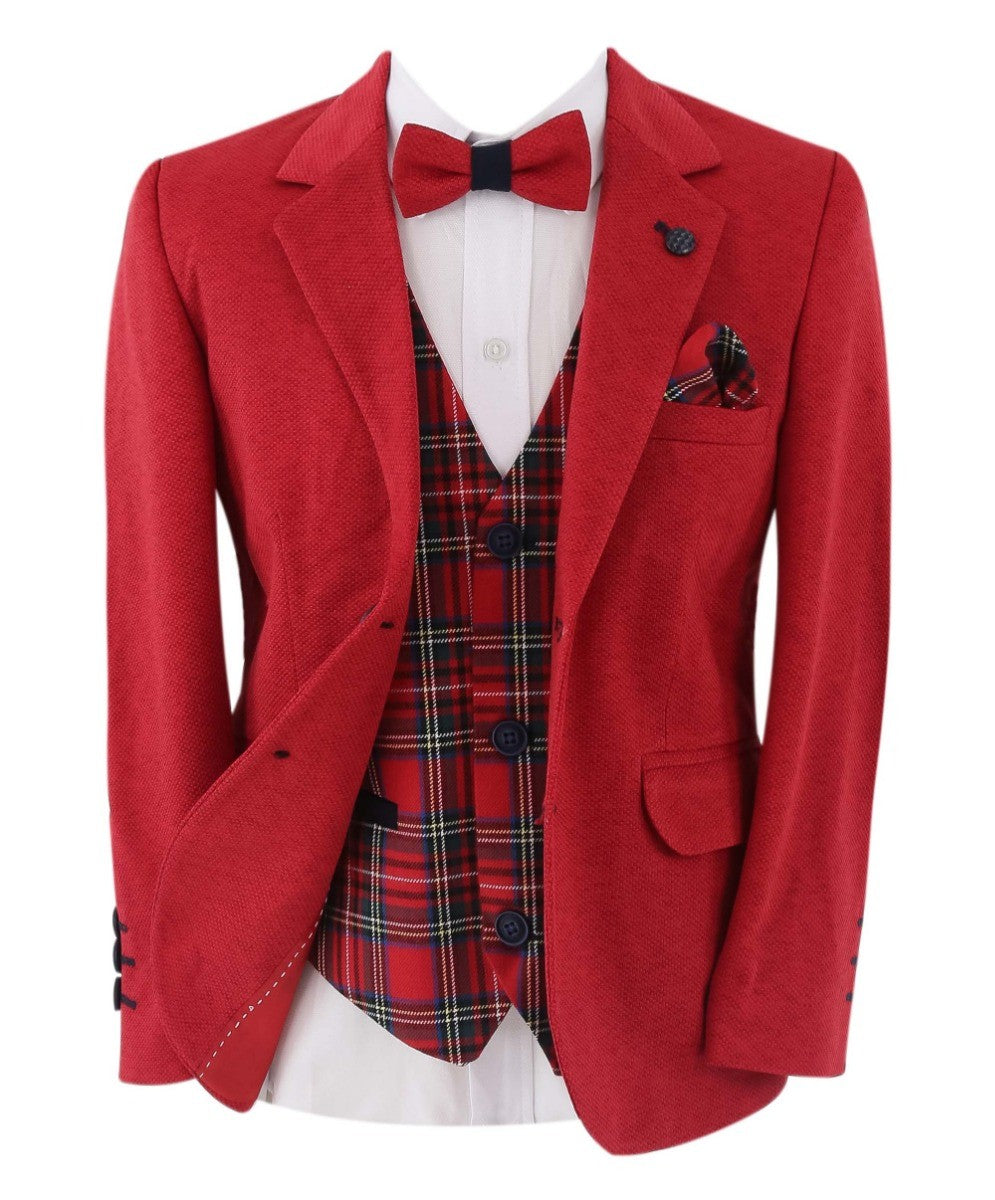 Boys Slim Fit Suit With Tartar check Waistcoat Set - Red