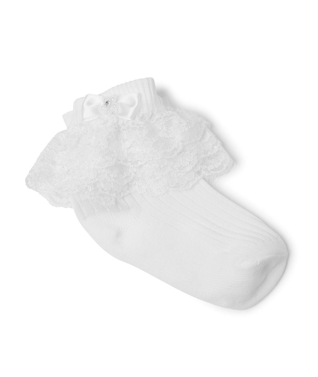 Girls' Lace Frill Socks with Satin Bow - ROXANNE - White