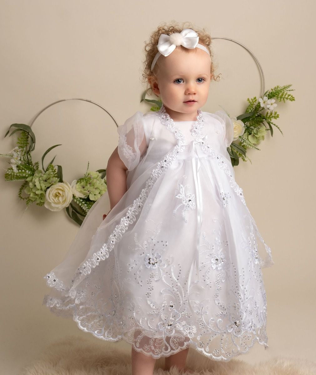 Baby Girls Sequin & lace Christening White Dress Set - 396 - White