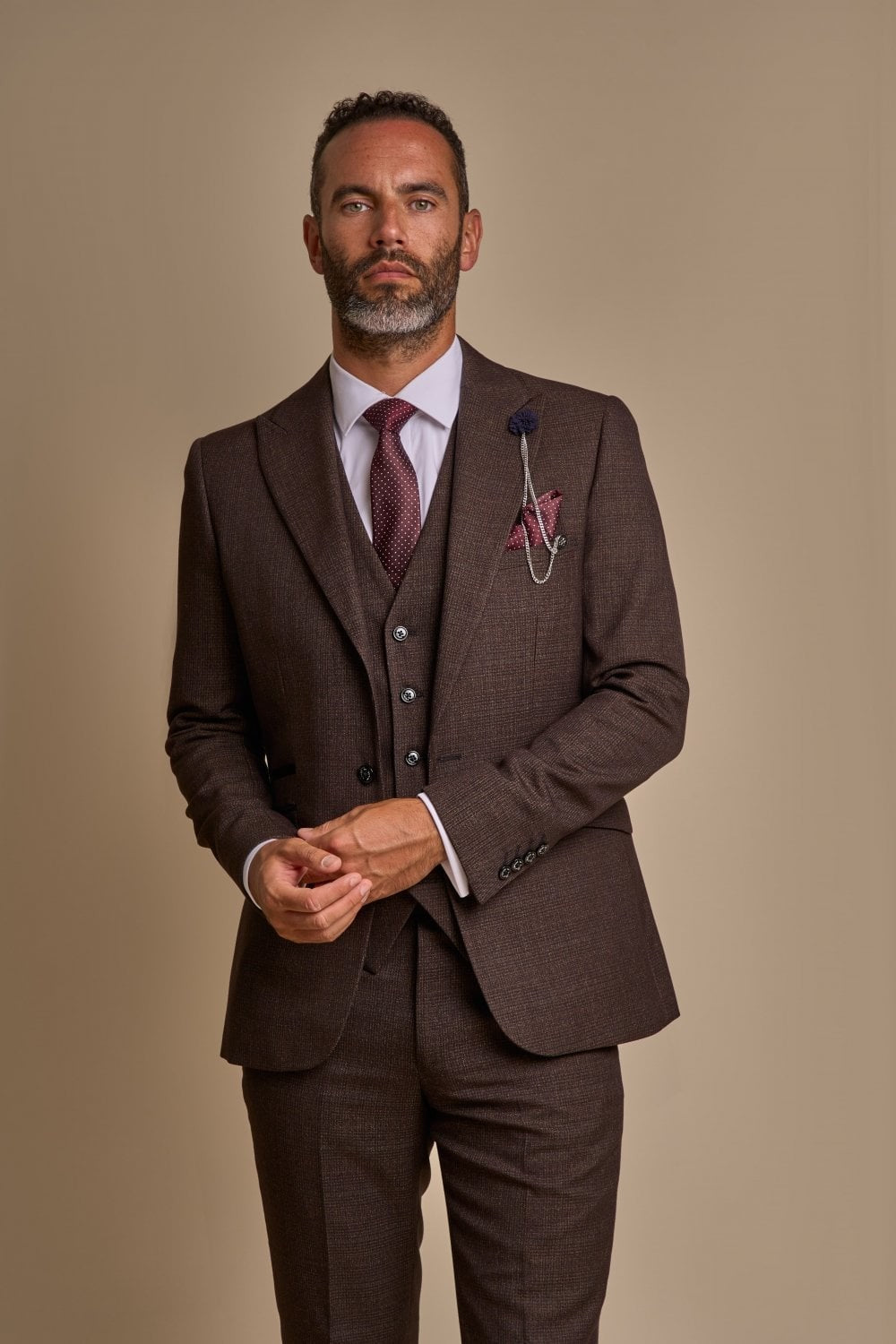 Men's Tweed Check Slim Fit Suit - CARIDI - Brown