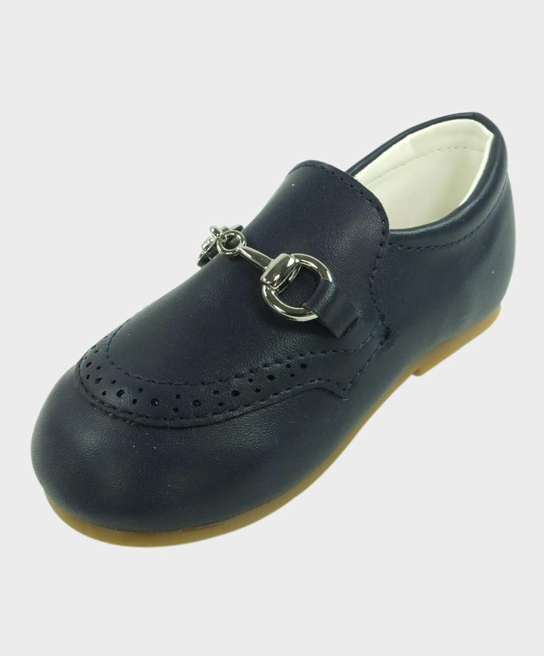 Boys Leather Moccasin Loafers with Silver Horsebit - Navy Blue