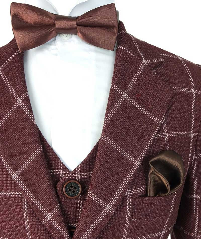 Boys Retro Windowpane Tailored Fit Check Suit - Maroon