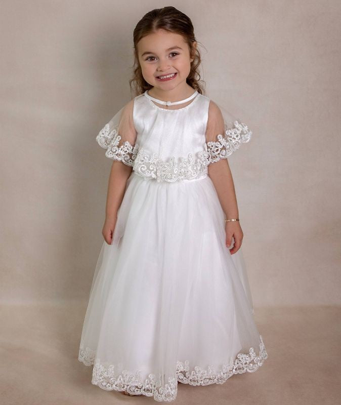 Flower Girl Long Dress with a Tulle Cape – CLAIRE - Ivory