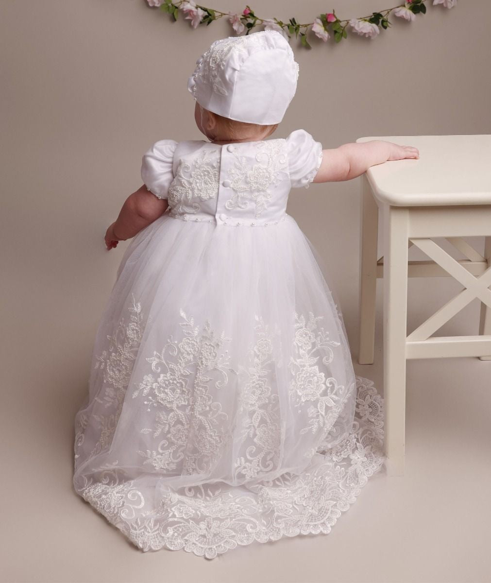 Baby Girls Heirloom Lace Christening Gown & Bonnet - ALEXA - White