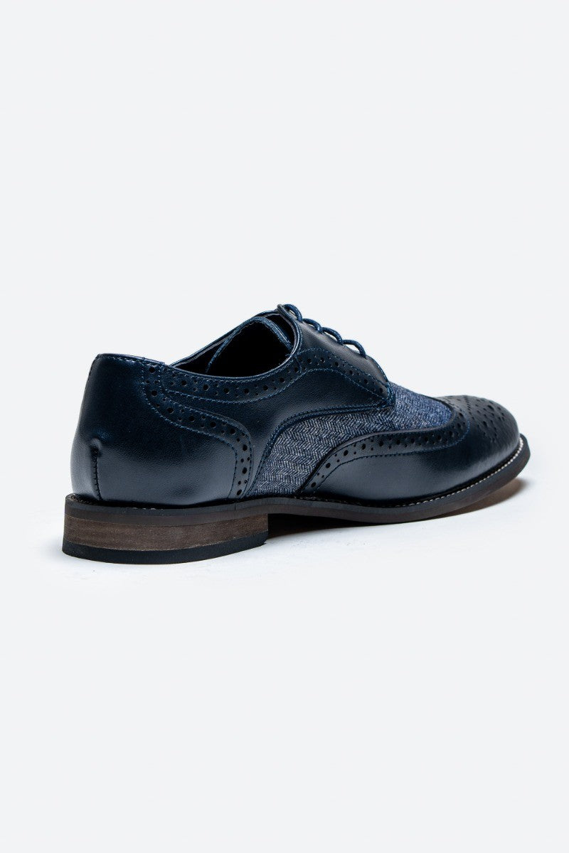 Men's Leather Tweed Retro Derby Brogue Shoes - Oliver - Navy Blue