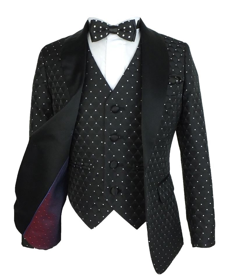 Boys Quilted Dotted BlackTuxedo Suit - Black