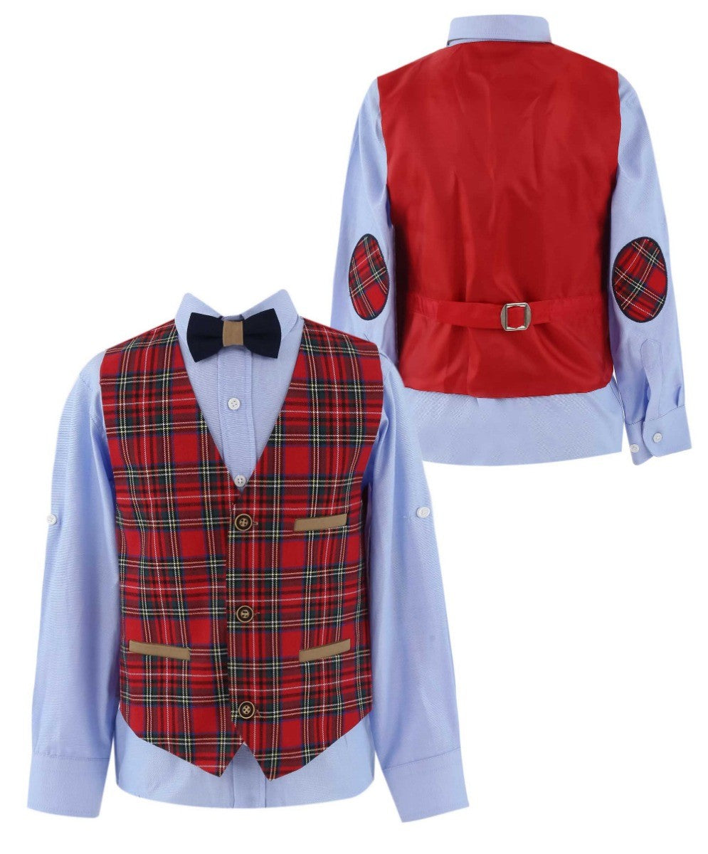 Boys Slim Fit Suit With Tartar check Waistcoat Set - Navy Blue