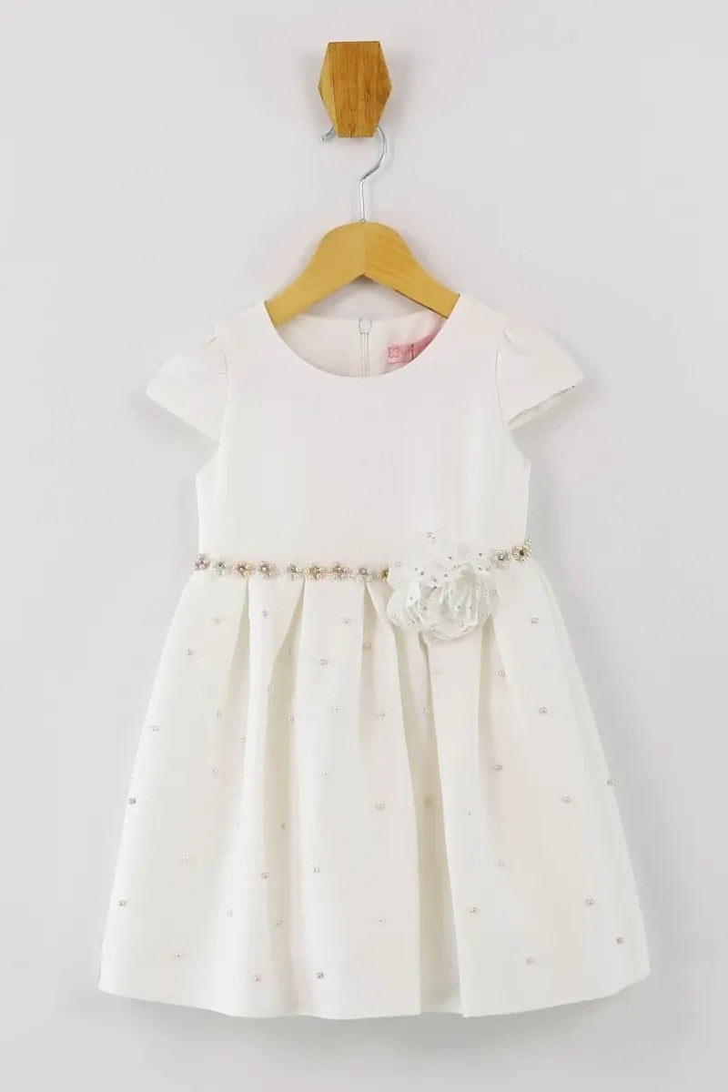 Girl Communion Short Sleeves Pearl Dress Set - Ecru