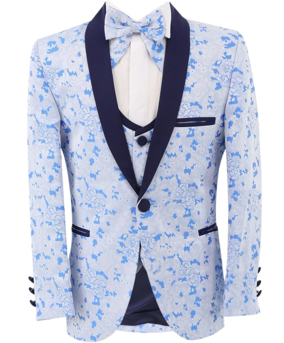 Boys Slim Fit Floral Blue Tuxedo Suit Set - Blue