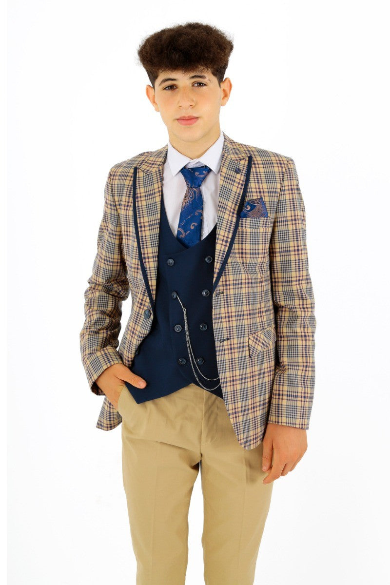 Boys Plaid Check Slim Fit Suit - Beige - Navy Blue