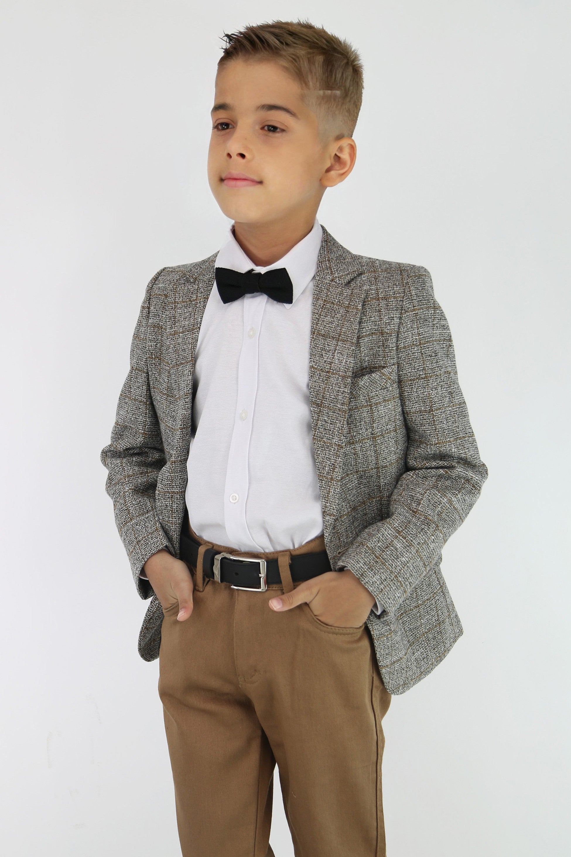 Boys Cotton Blend Tweed Like Check Blazer - Beige